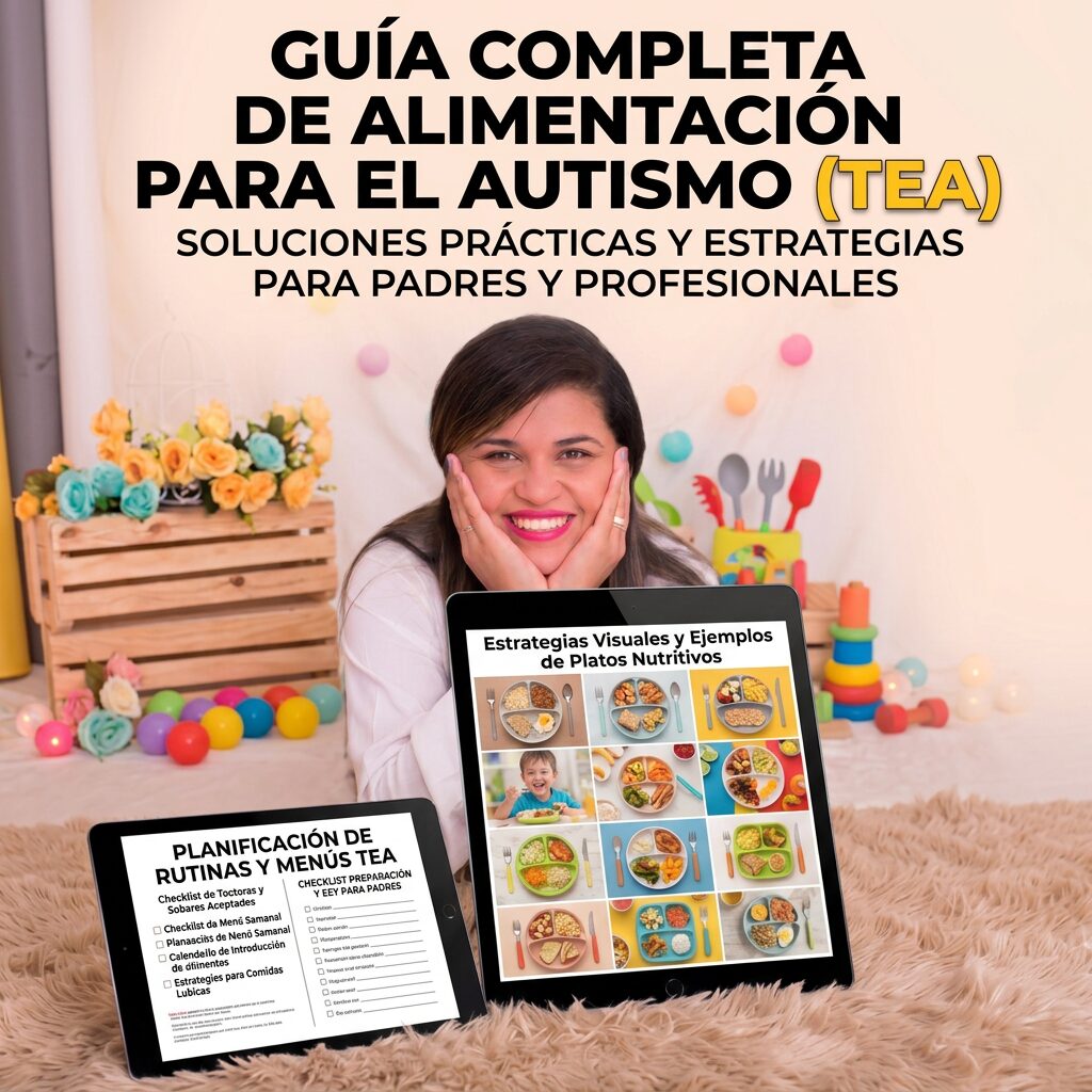 Guía Completa de Alimentación para el Autismo (TEA): soluciones prácticas y estrategias para padres y profesionales. Elaine Almeida junto a dos tablets que muestran ejemplos de platos nutritivos y la planificación de rutinas y menús.